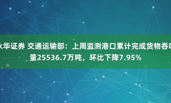 永华证券 交通运输部：上周监测港口累计完成货物吞吐量25536.7万吨，环比下降7.95%